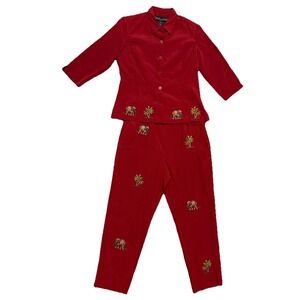 Silkland 2 Pc Set Cropped Pants Blouse Shirt Embroidered Elephant Brick Red 8 P